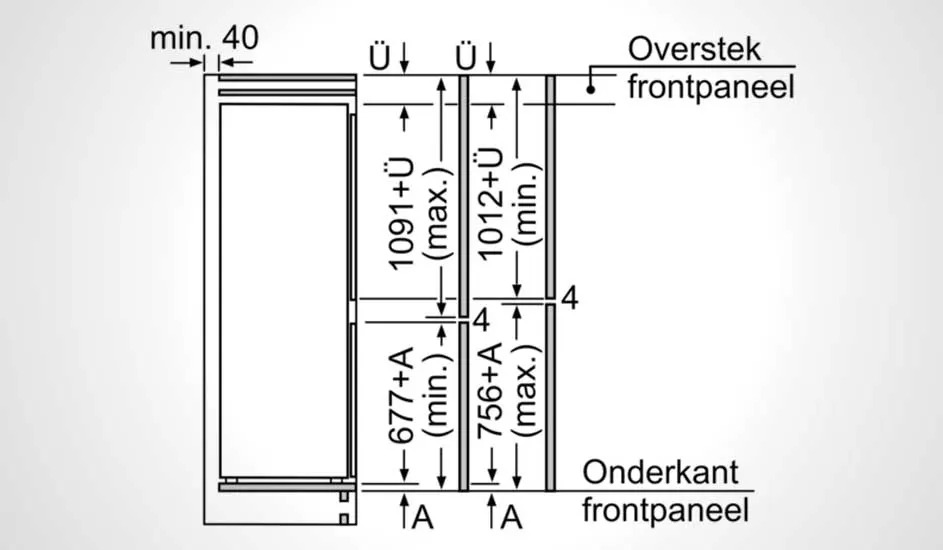 Technische tekening van een koelkast met twee deuren, toont afmetingen, frontpaneel en minimale afstand van 40 mm links. Merk is onbekend.
