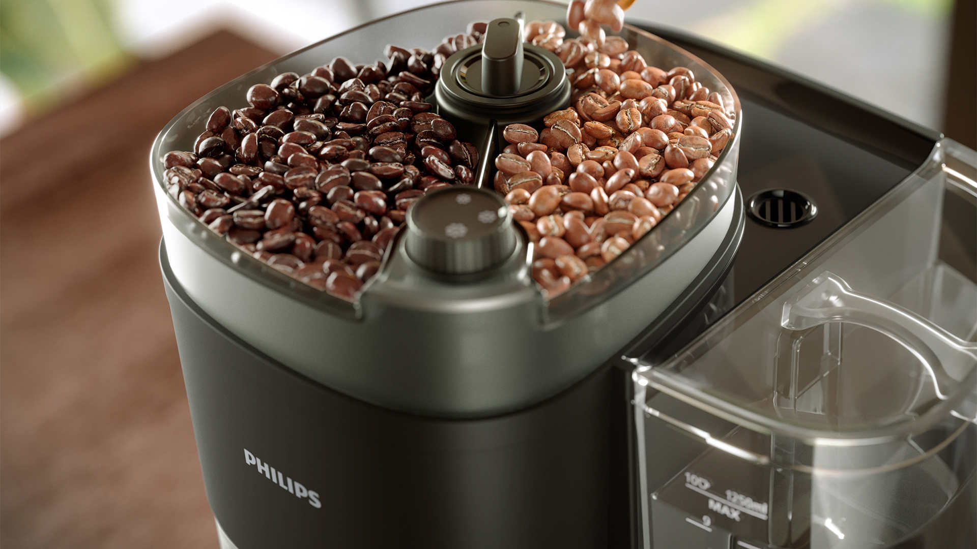 Afbeelding van een Philips koffiemachine met twee soorten koffiebonen in afgescheiden reservoirs.