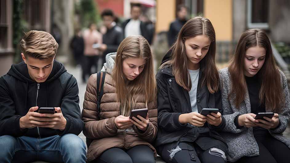 Vier jongeren zitten buiten en kijken naar hun smartphones. Achter hen lopen andere mensen.