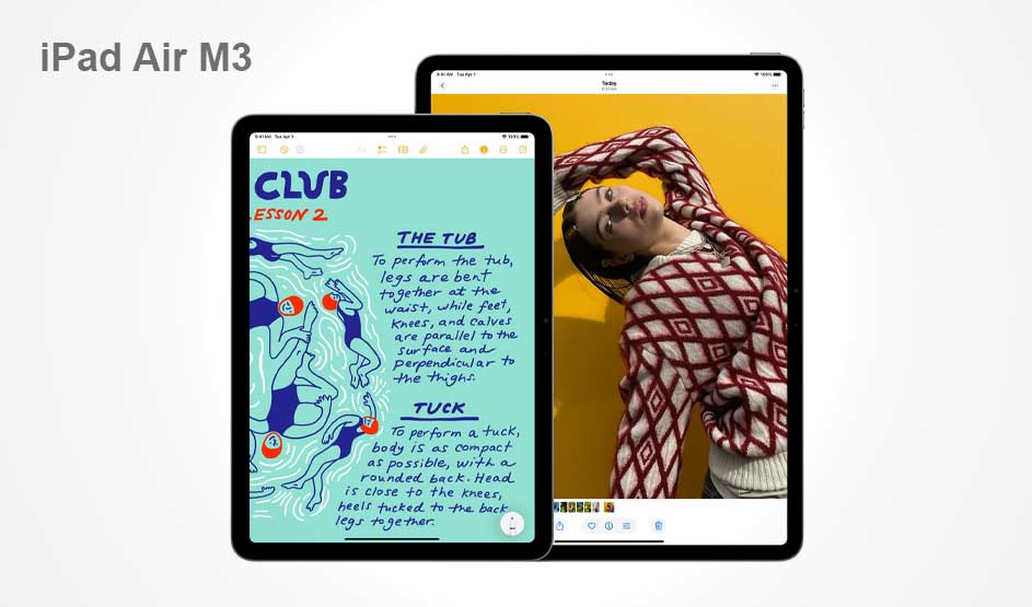 Two iPad Air M3s overlap; left a drawing/notes screen with text and figures, right a photo of a model against a yellow background.