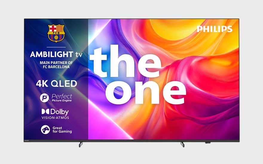 Philips Ambilight tv, “the one” in wit op kleurrijk scherm, FC Barcelona-partner, 4K QLED, Dolby Vision Atmos en gamingopties.