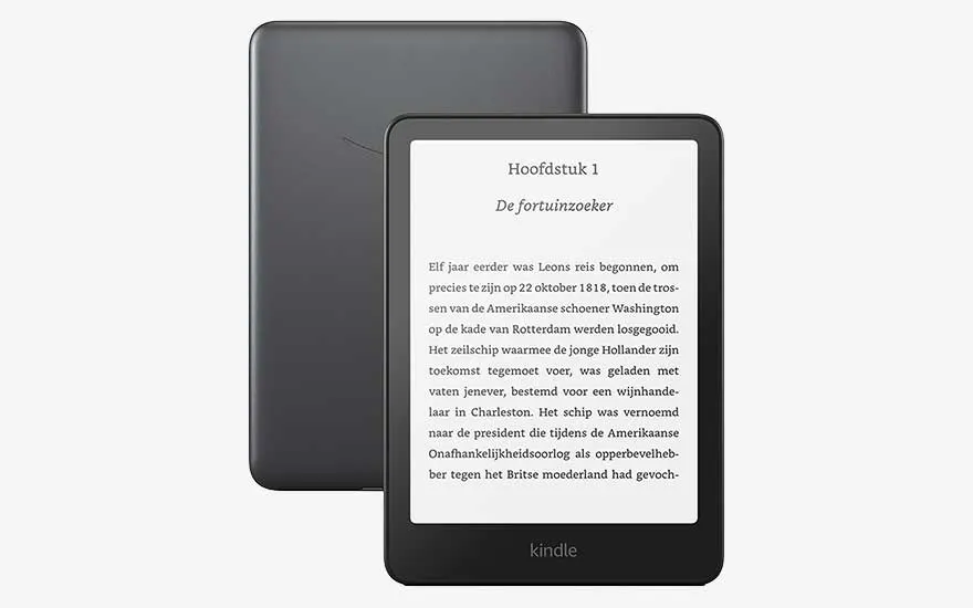 A black Kindle e-reader stands in front of its rear side, showing a Dutch chapter page clearly on the display.