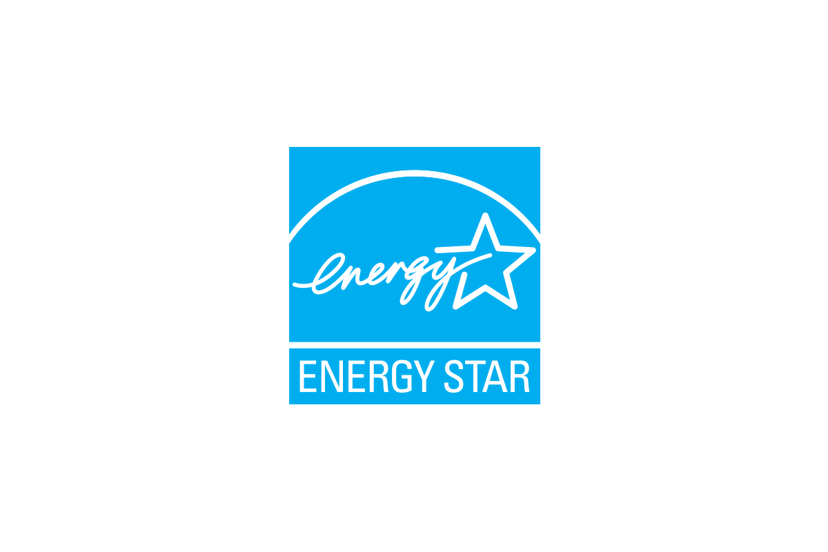 Blauw vierkant met witte tekst "Energy Star" en een gestileerde witte ster met het woord "Energy".