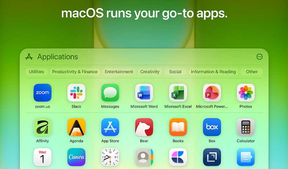 macOS-applicatiescherm met populaire apps zoals Zoom, Slack, Microsoft Office, Photos en meer tegen een groene achtergrond.
