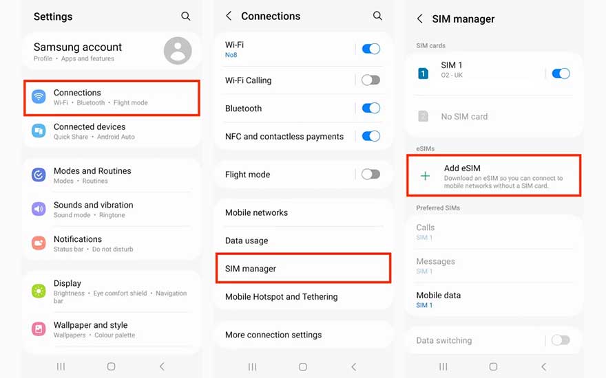 Samsung telefoon instellingenschermen tonen SIM-beheer, verbindingsopties en eSIM-configuratie mogelijkheden.