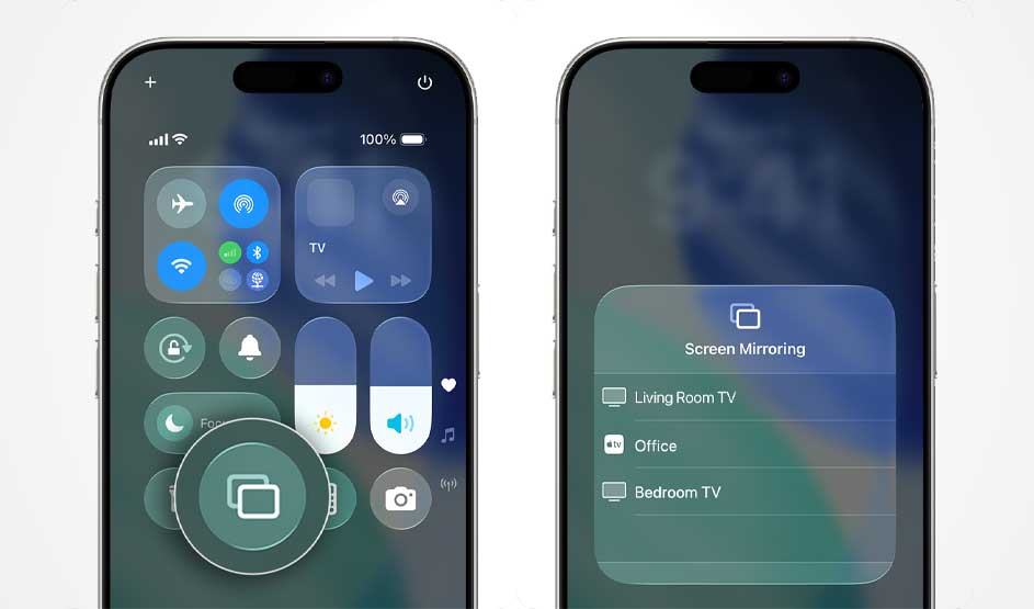Two smartphones display screen-mirroring controls, with options to send video to different tellies in separate rooms.