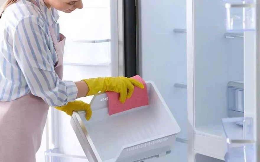 A woman wearing rubber gloves scrubs a fridge drawer with a pink sponge while the inside of the refrigerator is completely empty.