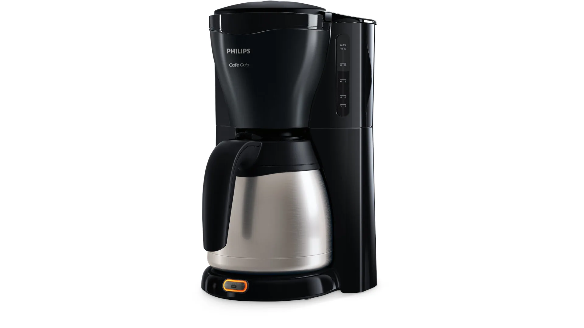 Een zwarte Philips Cafe Gaia koffiezetapparaat met een zilveren kan op een witte achtergrond.
