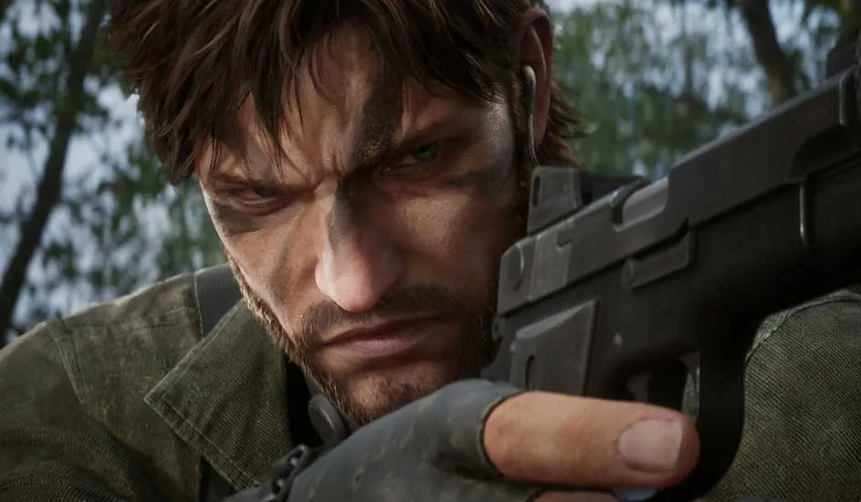 Dit is een videogame. Een persoon in een groene jas richt een zwart pistool met handschoenen aan, omringd door bomen in een bosrijke omgeving. Merk: The Last of Us.