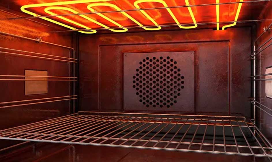 The inside of an oven is visible, with metal racks, a vented fan panel and bright glowing heating elements above.