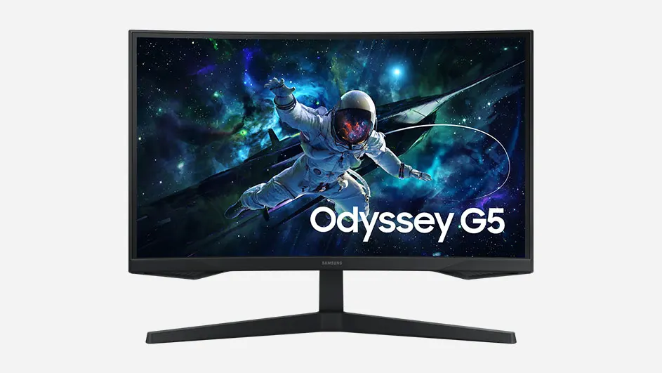 Zwarte monitor toont een ruimtethema met een astronaut en de tekst "Odyssey G5" op het scherm.