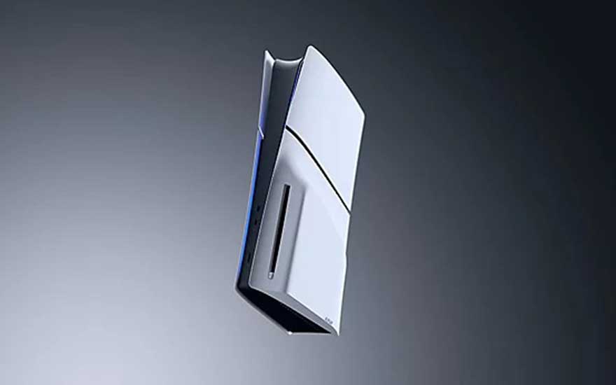 The PlayStation 5 console is floating against a dark background, its sleek and futuristic design clearly visible.