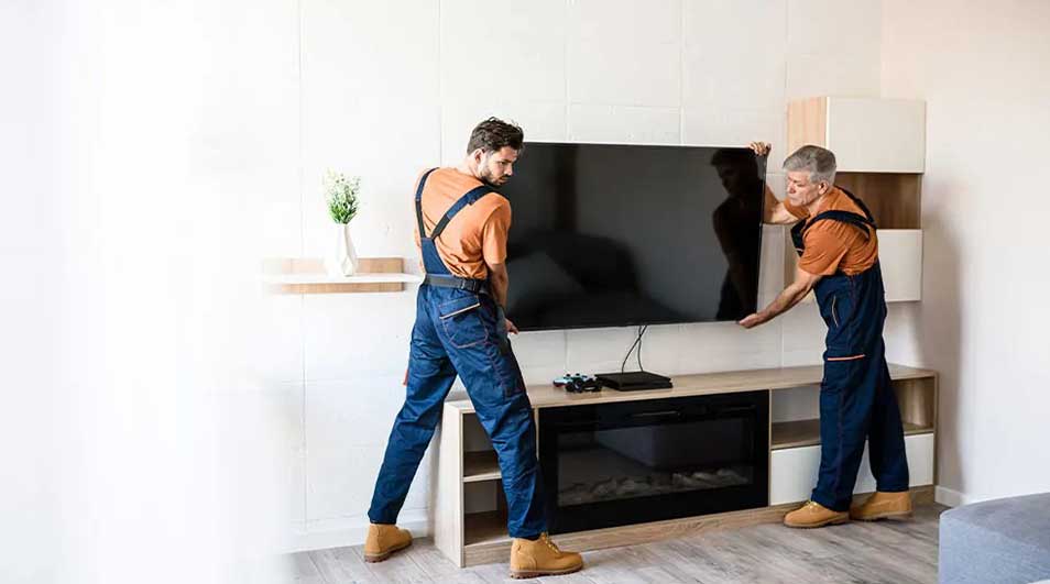 Two workers in blue overalls are installing a large, flat screen TV on a wooden entertainment center with a built-in fireplace.