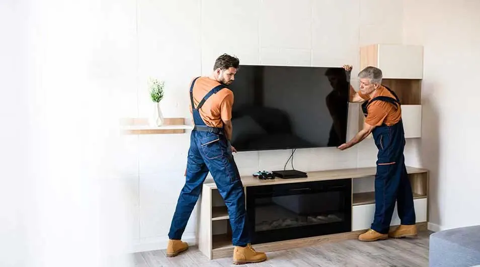 Two workers in blue overalls are installing a large, flat screen TV on a wooden entertainment center with a built-in fireplace.