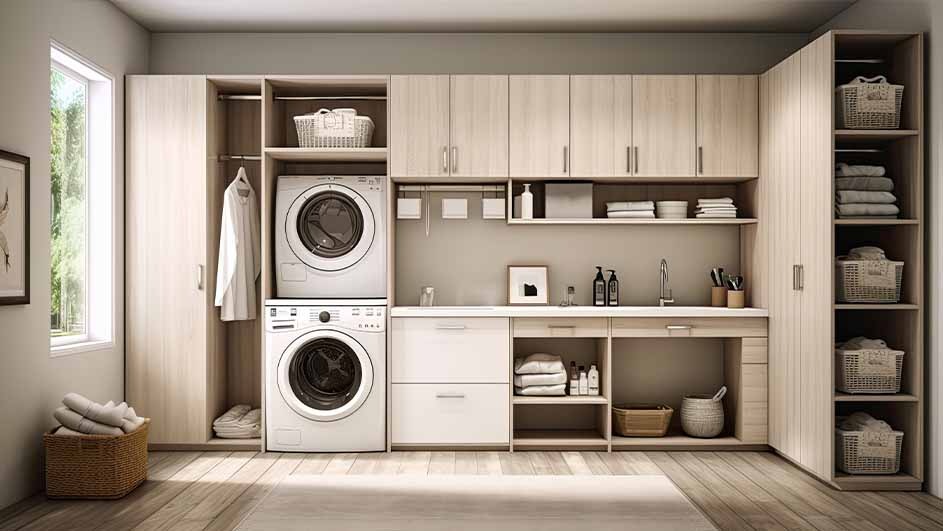 Waskamer met wasmachine, droger, kastjes en opbergmanden. Lichte houten vloer en zachte kleuren. Praktische indeling en organisatie.