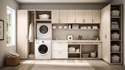 Waskamer met wasmachine, droger, kastjes en opbergmanden. Lichte houten vloer en zachte kleuren. Praktische indeling en organisatie.