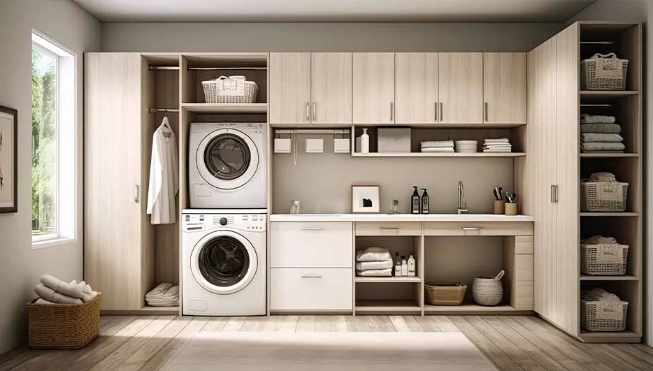 Waskamer met wasmachine, droger, kastjes en opbergmanden. Lichte houten vloer en zachte kleuren. Praktische indeling en organisatie.
