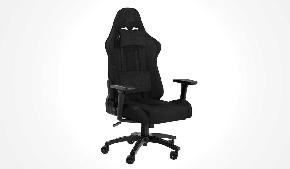 A tall black fabric gaming chair with racing-style back, padded cushions and adjustable armrests, set on a wheeled base against white.