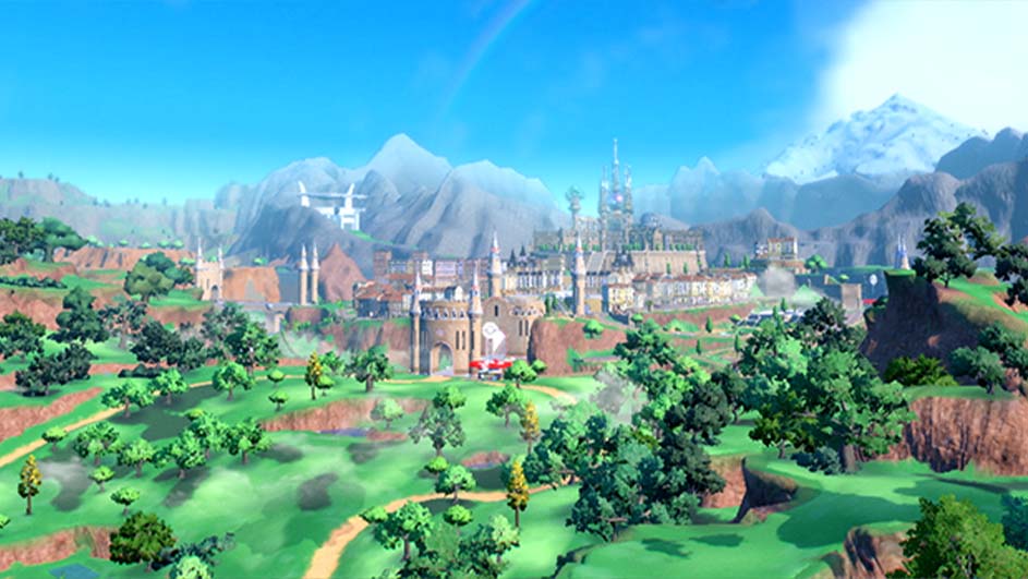 Een landschap toont groene heuvels met bomen, een kasteel en een stad in de verte, tegen een achtergrond van bergen en een blauwe lucht.