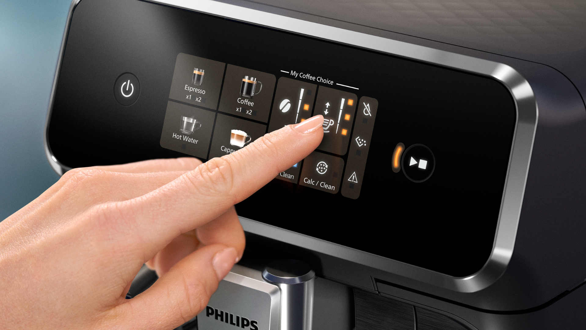 Een vinger selecteert een koffie-instelling op het zwarte digitale scherm van een Philips koffiezetapparaat.