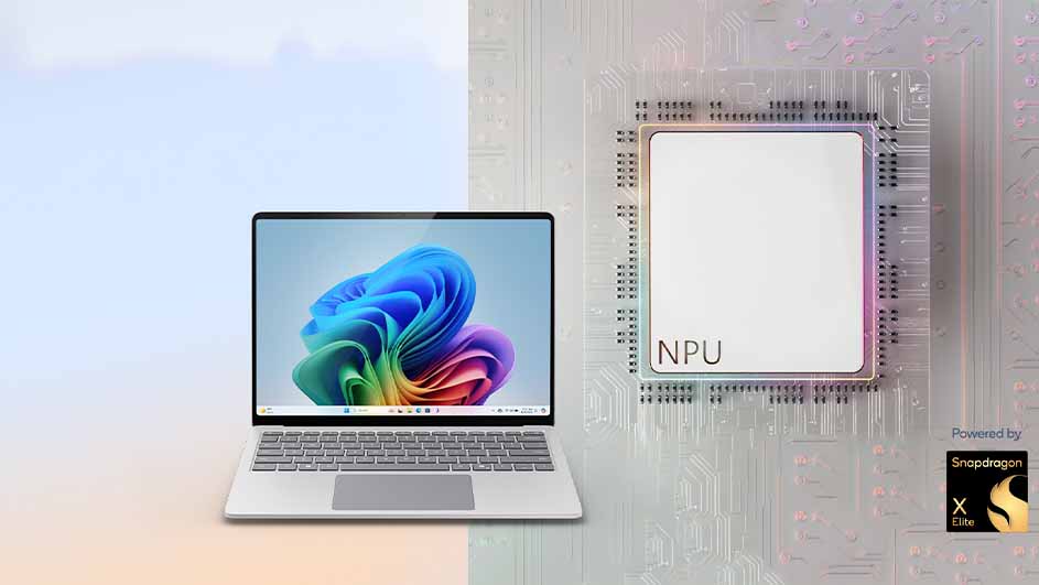 Laptop met kleurrijk scherm en een NPU-chip, aangedreven door Snapdragon, tegen een lichte achtergrond.