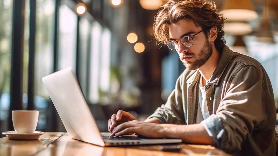 Man met bril typt op een laptop aan een houten tafel. Een kopje staat links; lampen zijn zichtbaar op de achtergrond.