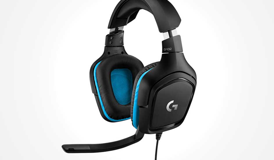 A sleek black gaming headset with bright blue ear cushions and a flexible boom mic hangs against a clean white background, ready for play.