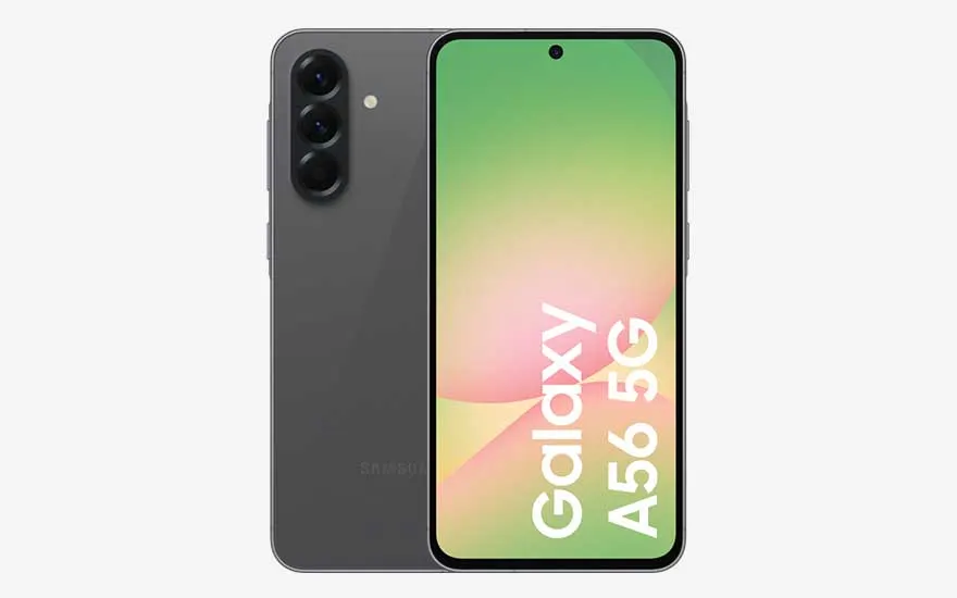 Grey Samsung Galaxy A56 5G, clean design, vivid green display featuring white model text, back with triple lenses and flash.