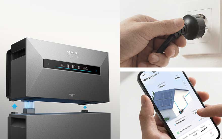 Anker SOLIX thuisbatterij, hand die stekker in stopcontact steekt, en smartphone met energiebeheer-app met zonnepanelen.