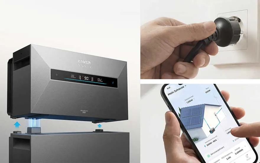 Anker SOLIX thuisbatterij, hand die stekker in stopcontact steekt, en smartphone met energiebeheer-app met zonnepanelen.
