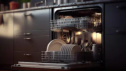 Een openstaande vaatwasser gevuld met borden, bestek en potten staat naast donkere keukenkastjes.