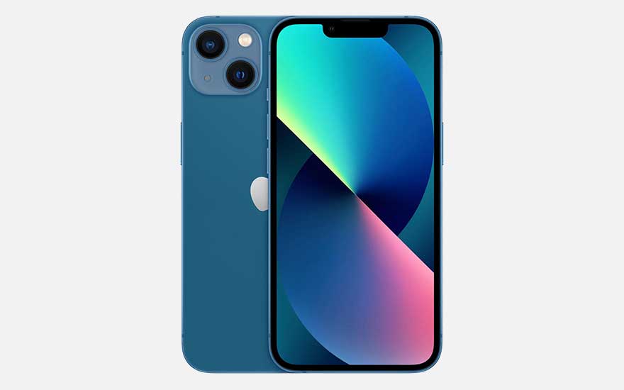 Een blauwe iPhone 13 wordt getoond met het kleurrijke scherm naar voren en de achterkant vol in beeld; modern en stijlvol ontwerp.