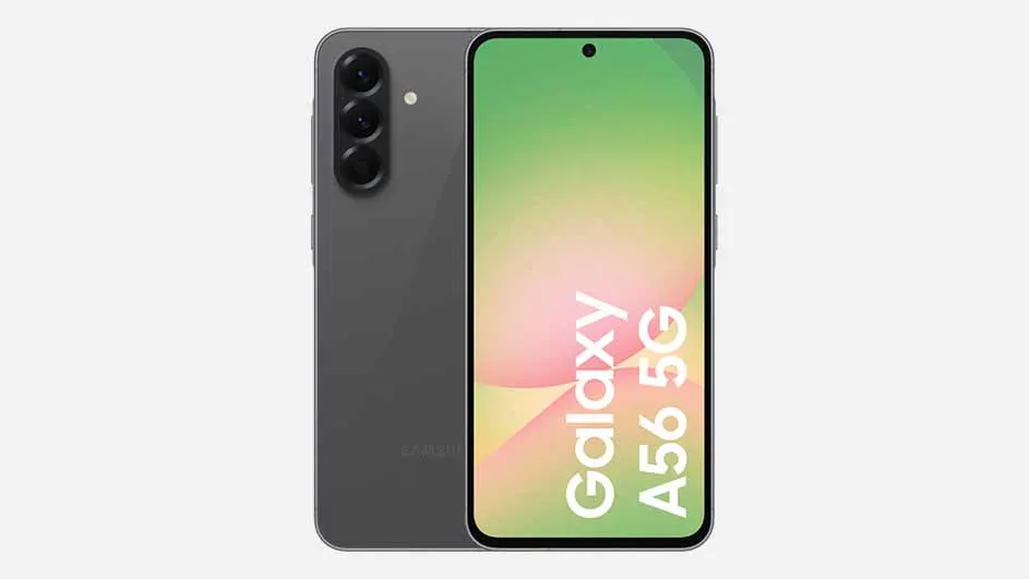 Grijze smartphone, achterkant met drie camera's. Scherm toont "Galaxy A56 5G" op groene en roze achtergrond.