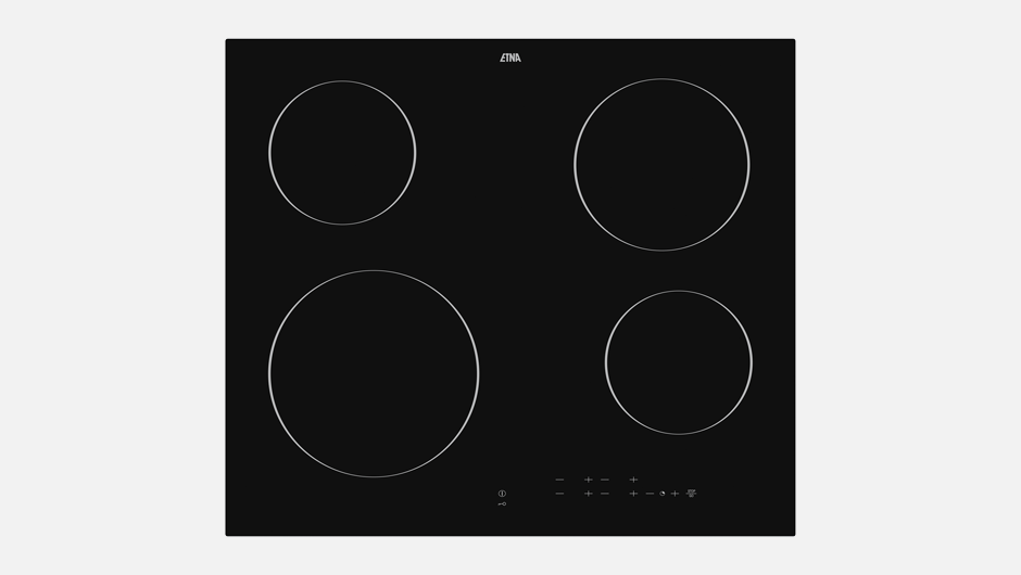 A black stovetop features four circular cooking zones outlined in white, with control buttons at the bottom.