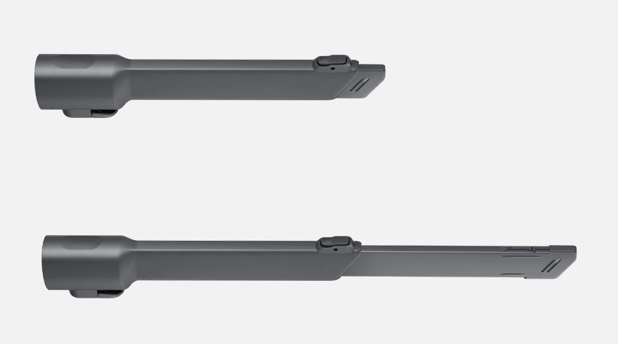 Twee grijze stofzuigerhulpstukken liggen op een witte achtergrond, een korte en een lange versie.