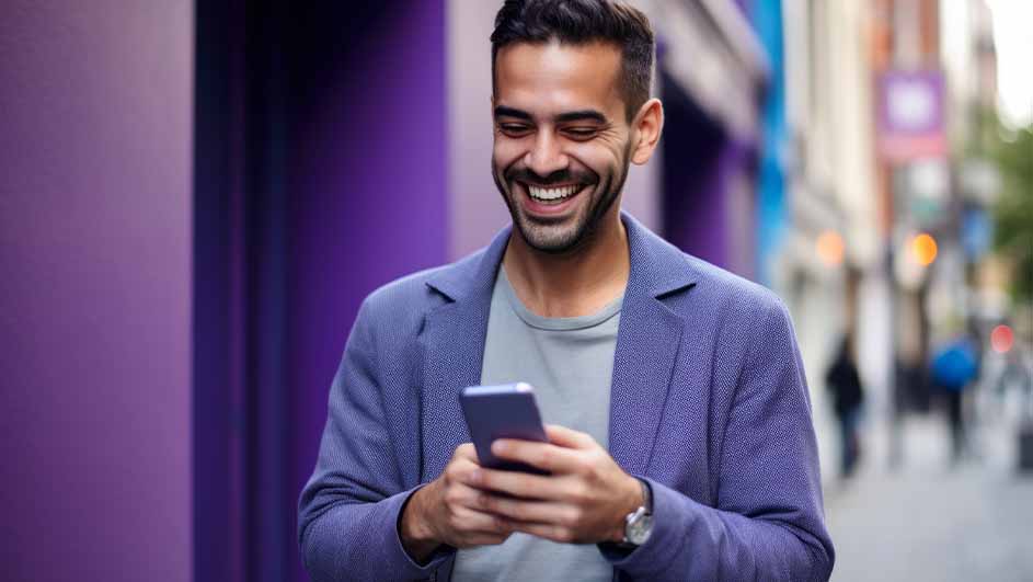 Een man lacht terwijl hij op een straat loopt en op een telefoon kijkt, met een paarse muur op de achtergrond.