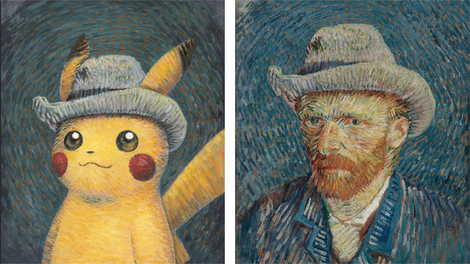 Twee schilderijen: één van Pikachu met hoed, één van Van Gogh met hoed, in de stijl van Van Goghs sterrennacht.