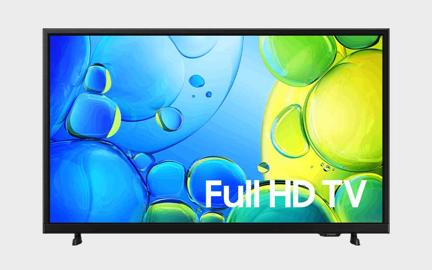 Samsung Full HD TV, kleurrijke blauwe en gele bellen op het scherm. Het ontwerp is klassiek en rechtlijnig met subtiele zwarte randen.