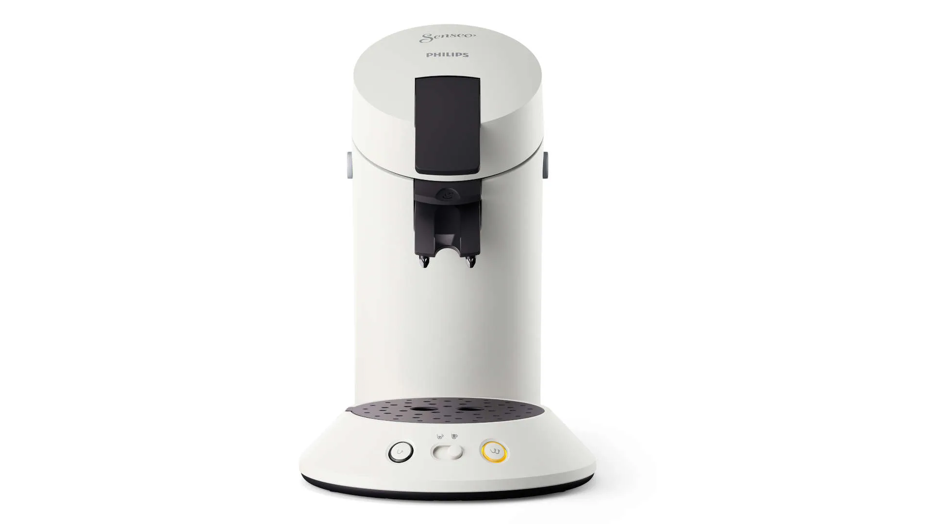 Een witte Senseo Philips koffiezetapparaat staat centraal op een witte achtergrond. Het apparaat heeft knoppen en een koffie-uitloop.