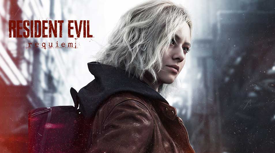 Een jonge vrouw met kort blond haar en een leren jas kijkt ernstig. “Resident Evil requiem” staat op de achtergrond afgebeeld.