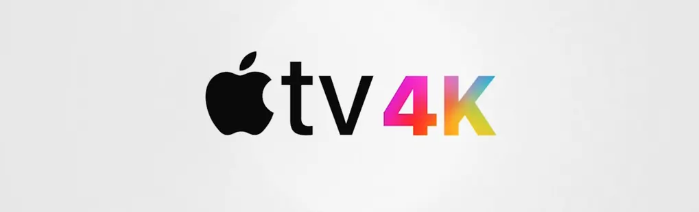 Op een witte achtergrond staat het Apple-logo met “tv” en “4K” in een kleurrijk verloop; het oogt strak, modern en minimalistisch.