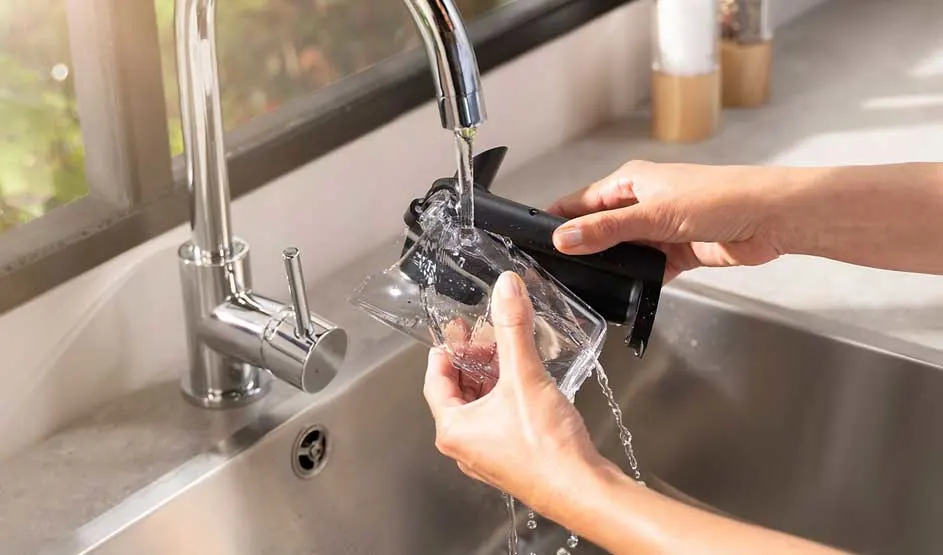 Iemand spoelt een doorzichtige container en onderdeel van een DeLonghi koffiemachine schoon onder de kraan bij een moderne gootsteen.