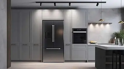 Moderne keuken met grijze kasten, zwarte koelkast en oven. Plafondlampen en een kookeiland met barkrukken zijn zichtbaar.