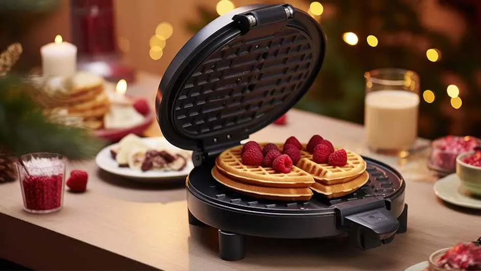 Een wafelijzer met wafels en frambozen staat op een tafel met kaarsen, drankjes en gebakjes op de achtergrond.