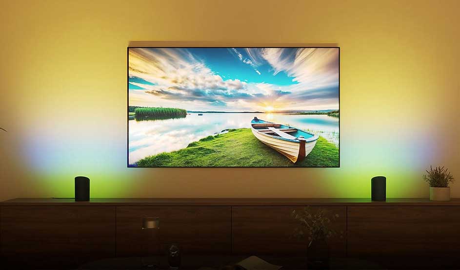 A large telly shows a boat by calm water at sunset, with colourful ambient lighting and two speakers on the cabinet.