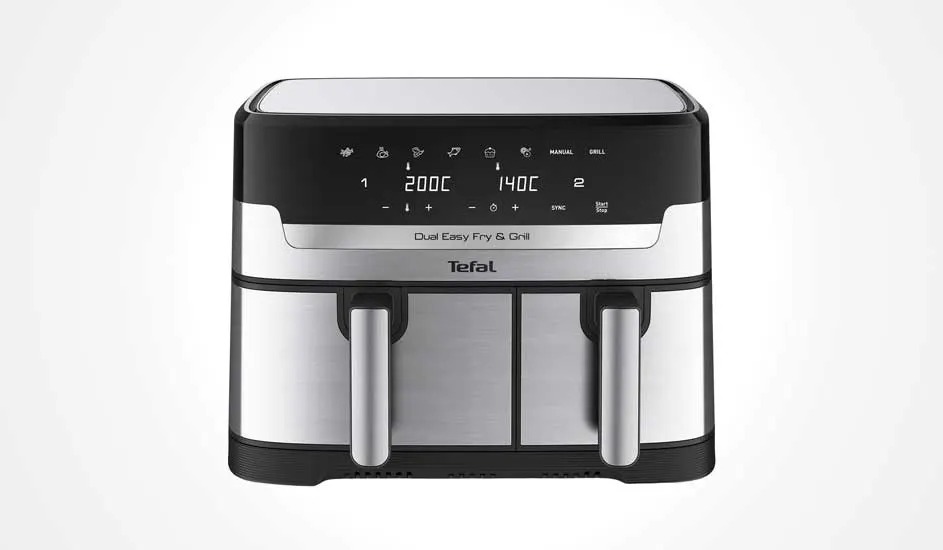 Tefal air fryer with two drawers, digital display and silver-black design. Modern and practical for frying and grilling.