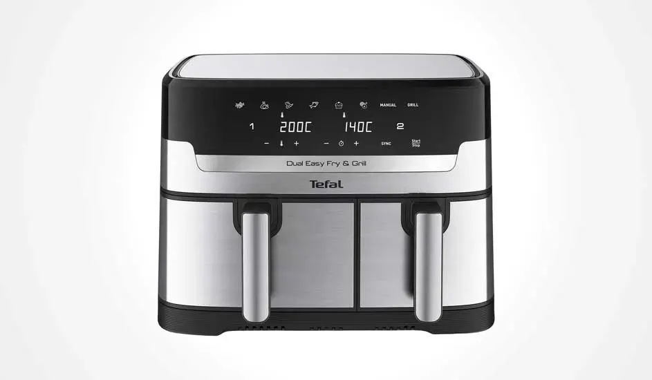 Tefal air fryer with two drawers, digital display and silver-black design. Modern and practical for frying and grilling.