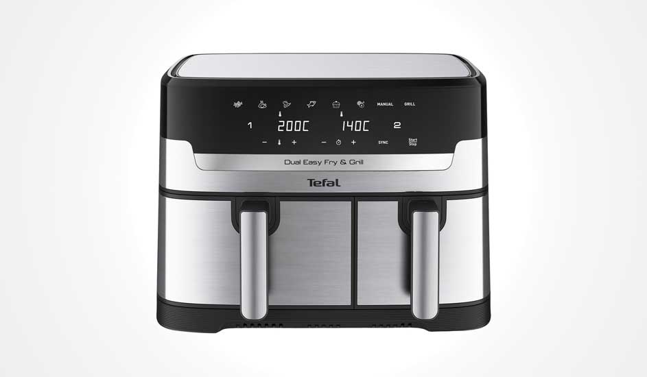 Tefal heteluchtfriteuse met twee lades, digitaal display en zilver-zwart design. Modern en praktisch voor frituren en grillen.