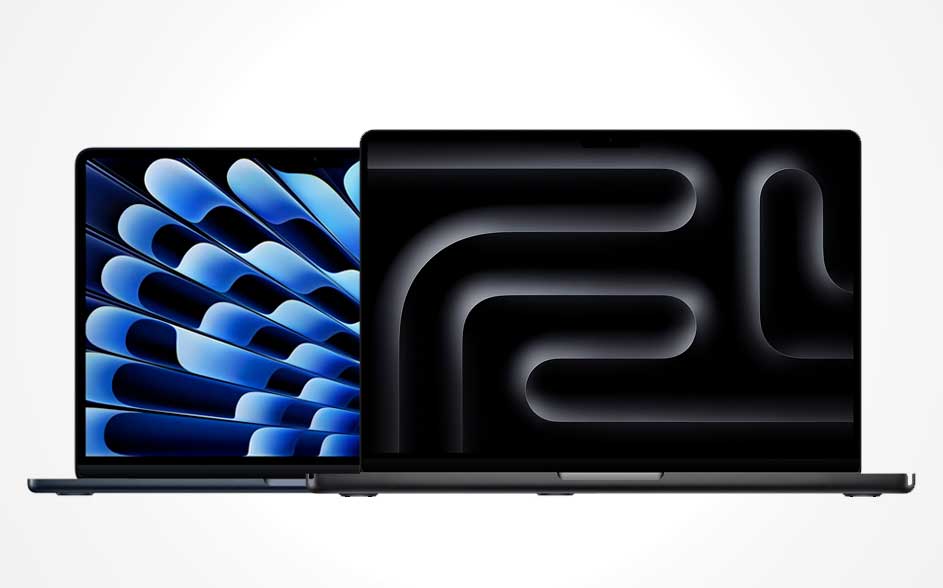 Two overlapping MacBooks: left an open laptop with a blue pattern, right a larger one showing a dark, wavy screen design.