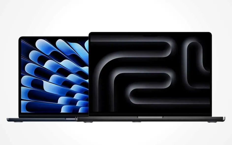 Two overlapping MacBooks: left an open laptop with a blue pattern, right a larger one showing a dark, wavy screen design.